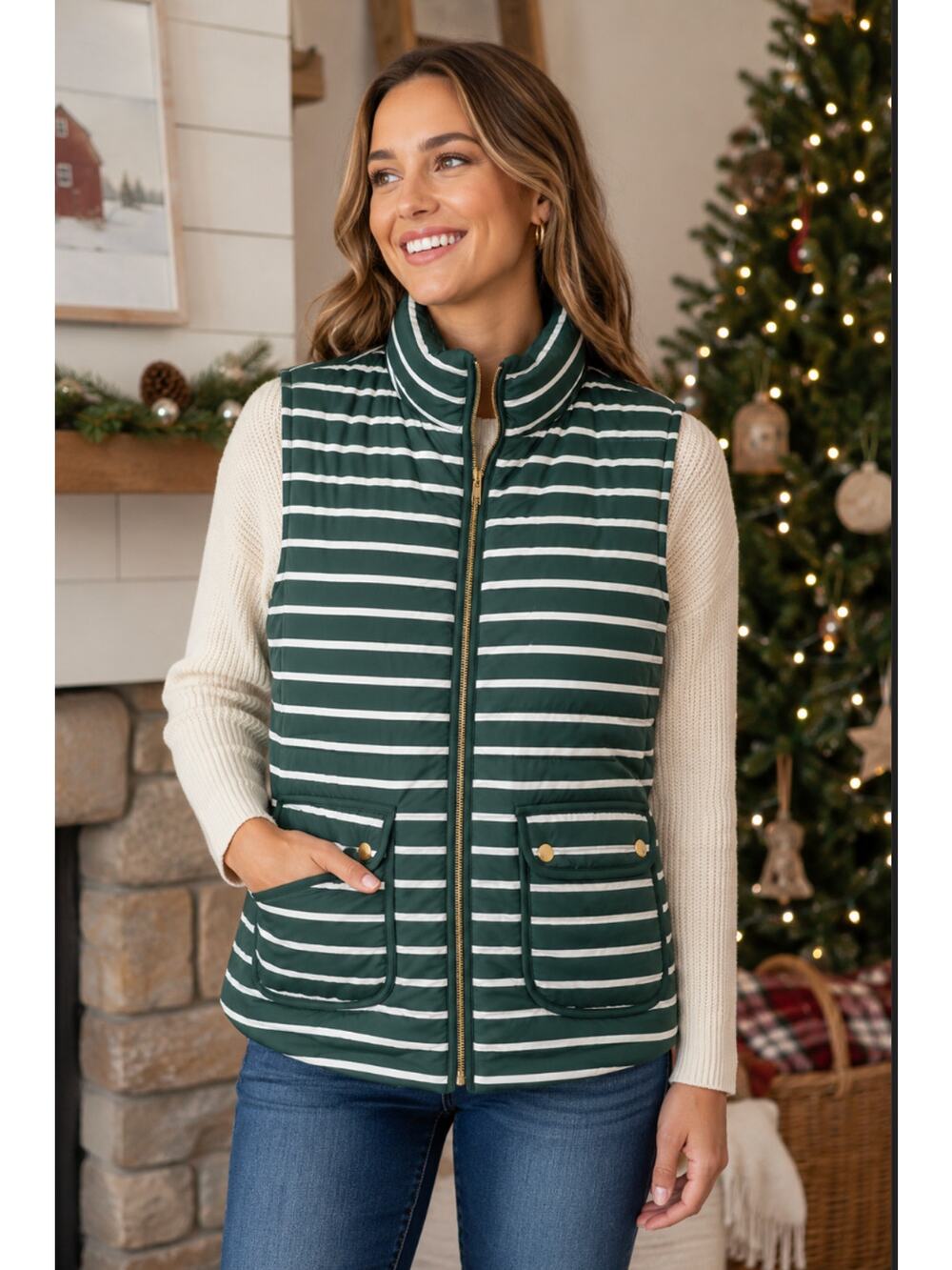 Activology Women's Sleeveless Green  Holidaycore Striped Puffer Vest